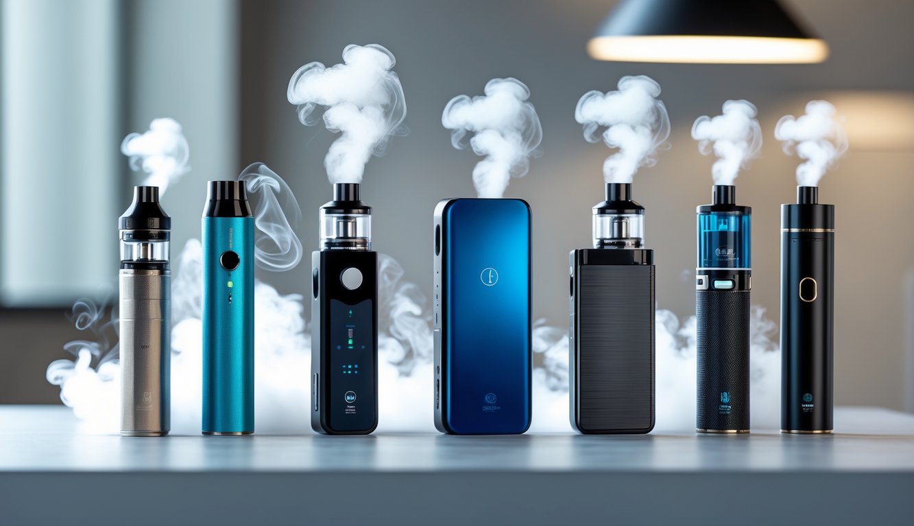 Beberapa perangkat vapor modern dengan desain berbeda, diletakkan rapi dengan uap tipis yang naik di sekitarnya.