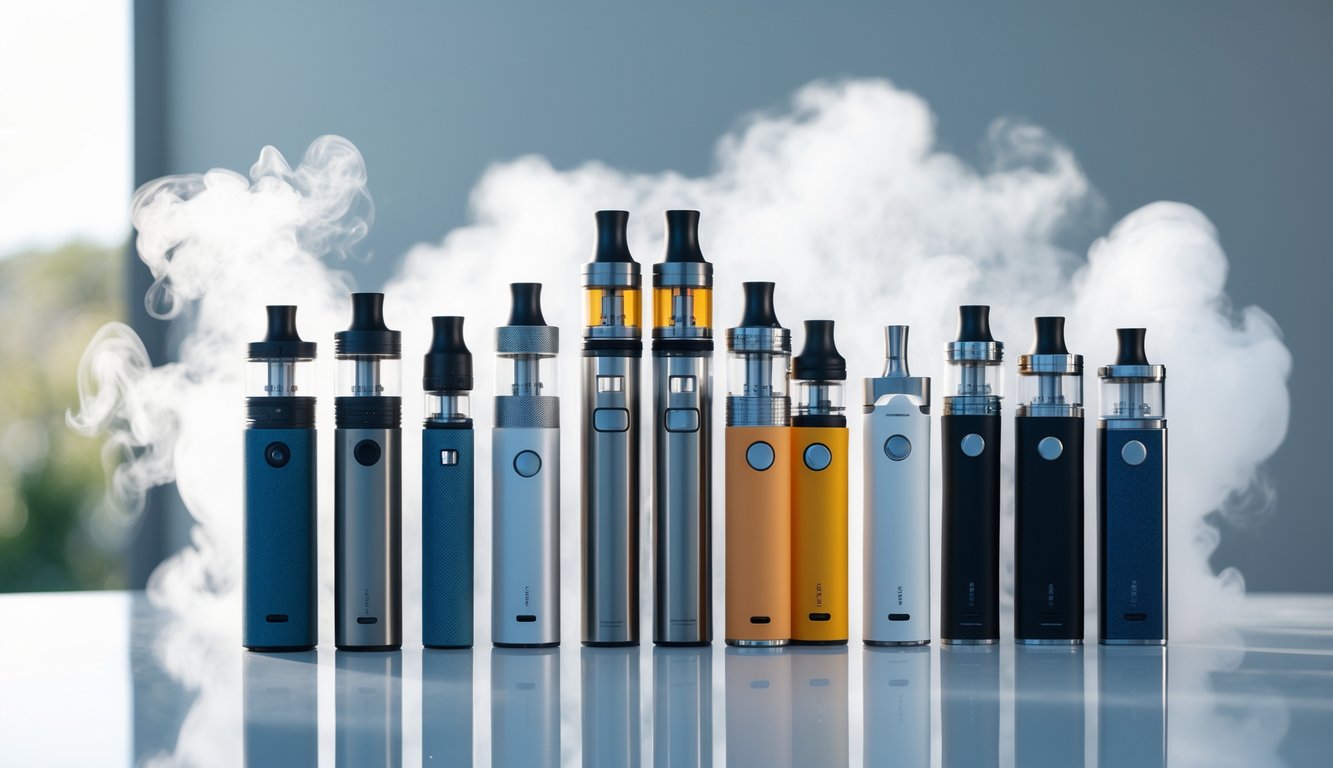 Berbagai perangkat vapor modern tersusun rapi dengan uap tipis yang naik di atasnya pada permukaan bersih.