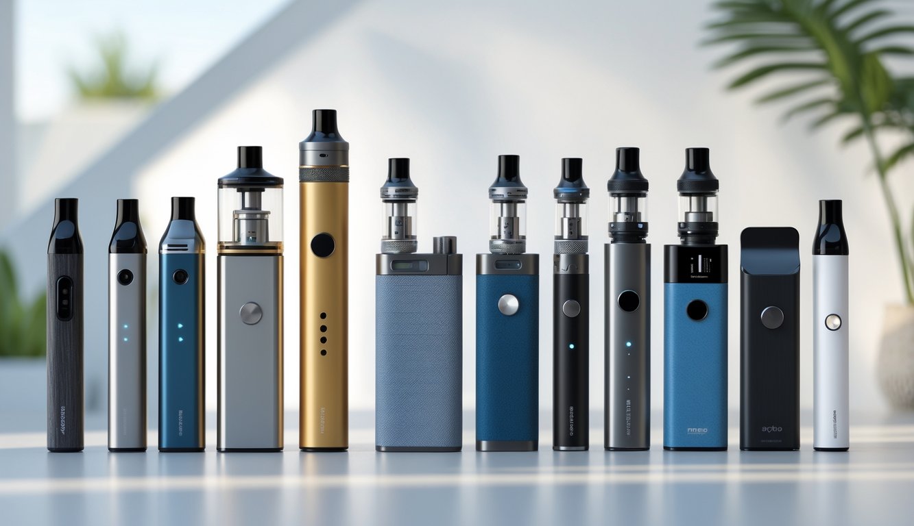 Berbagai jenis device vapor modern dan berwarna-warni yang ditata rapi di atas permukaan bersih dengan latar belakang minimalis.