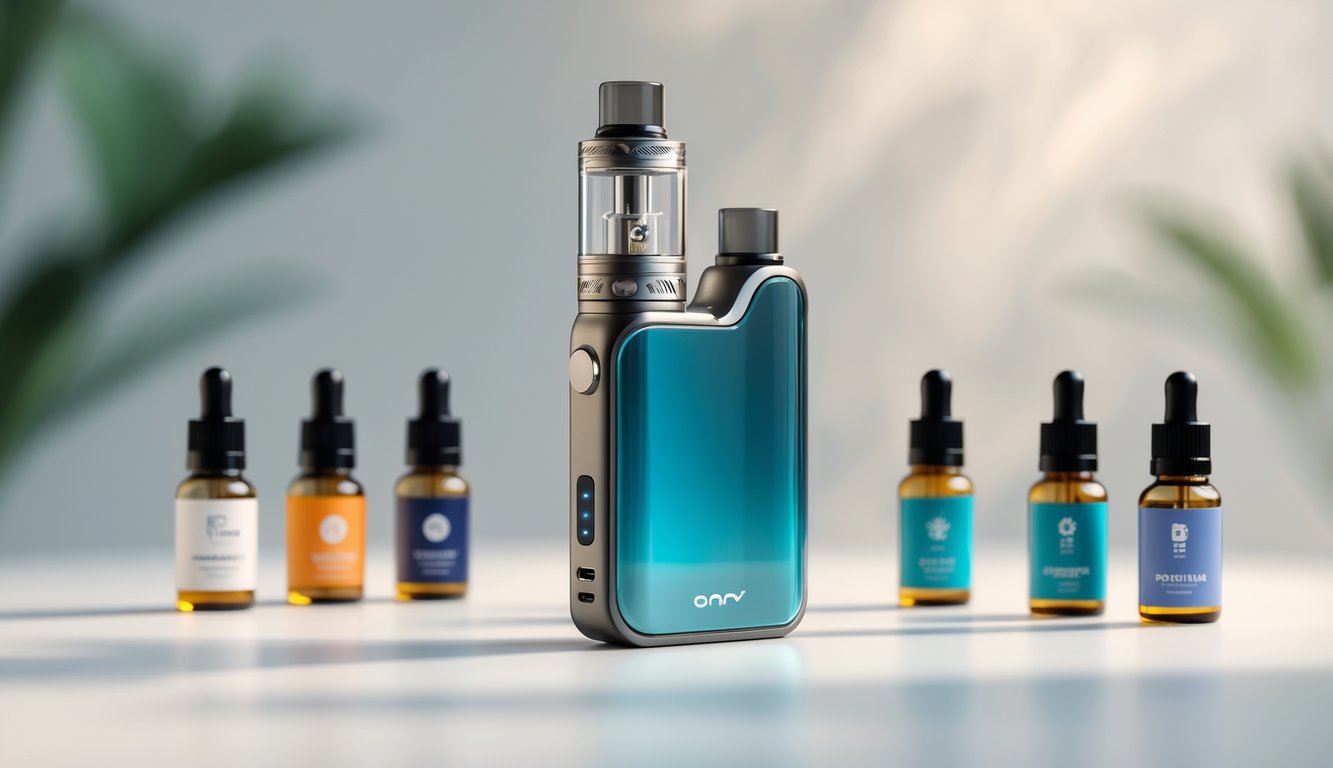 Sebuah perangkat vaporizer modern dengan botol e-liquid di sekitarnya, diletakkan di atas permukaan bersih dengan latar belakang buram.