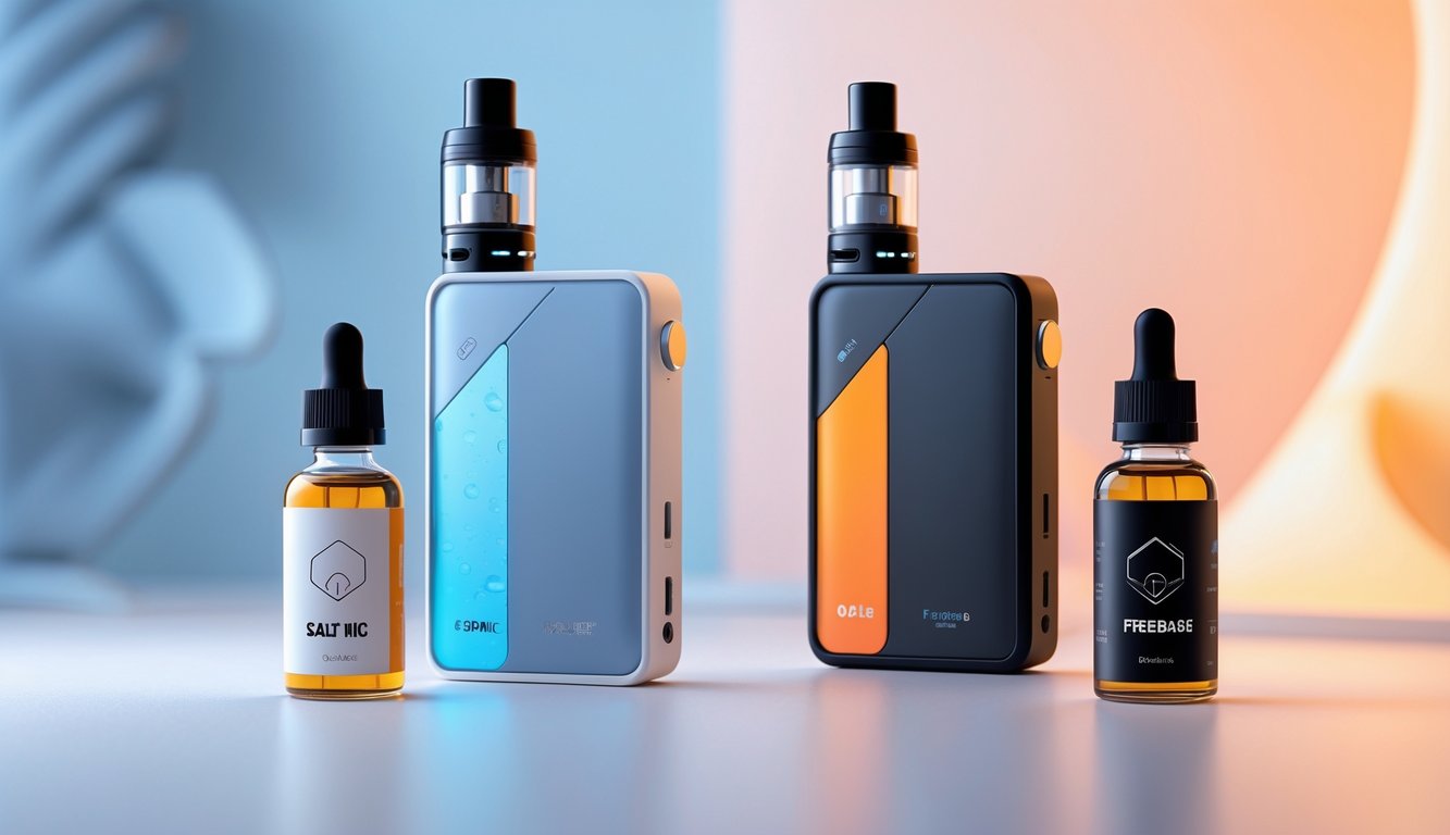 Dua perangkat vape modern dengan botol cairan e-liquid di atas meja, menunjukkan perbedaan antara Salt Nic dan Freebase.