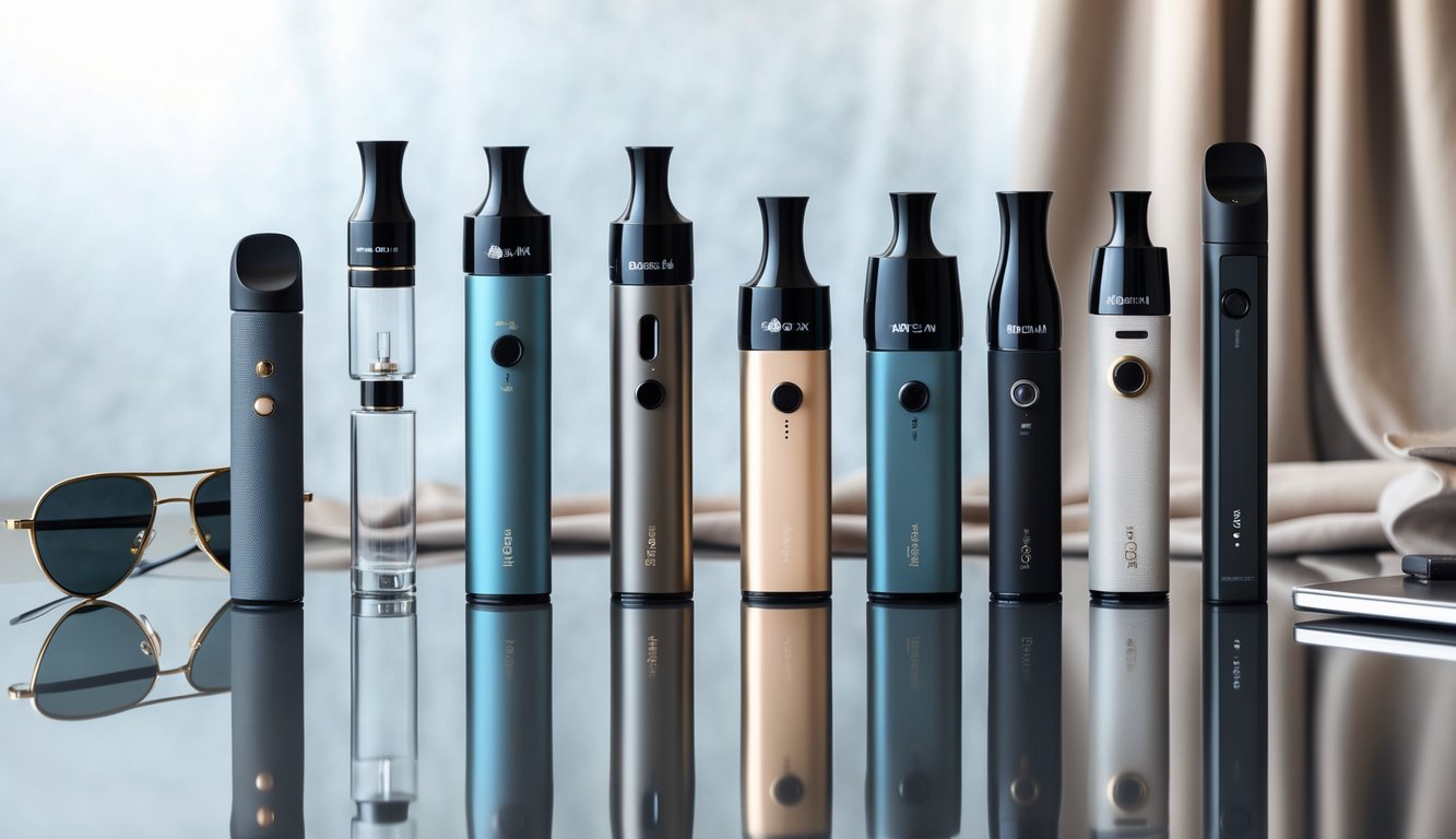 Berbagai jenis perangkat vapor modern yang tertata rapi di atas permukaan reflektif dengan latar belakang minimalis.