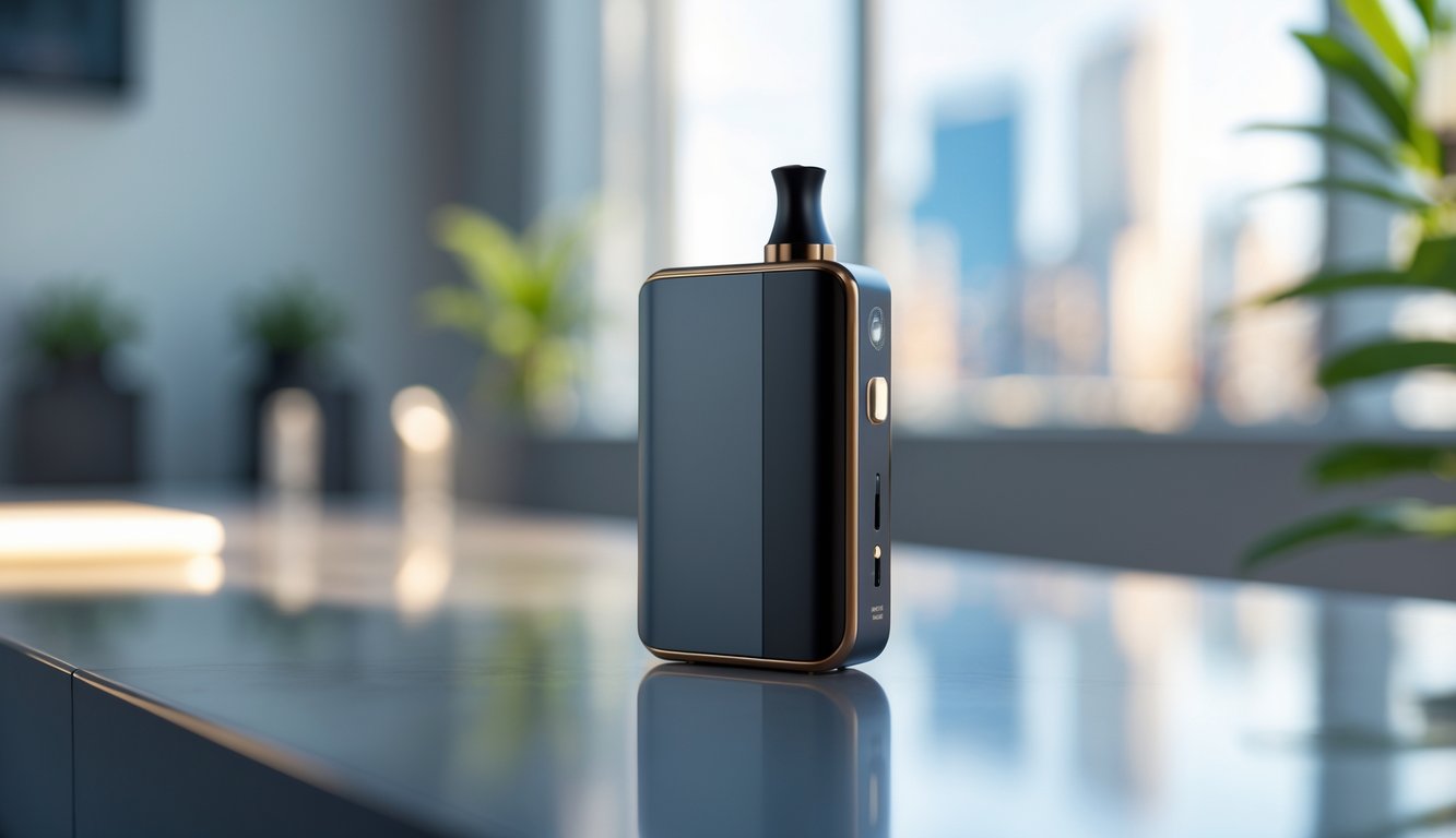Perangkat vapor modern dan stylish diletakkan di atas meja dengan latar belakang tanaman dan pemandangan kota.
