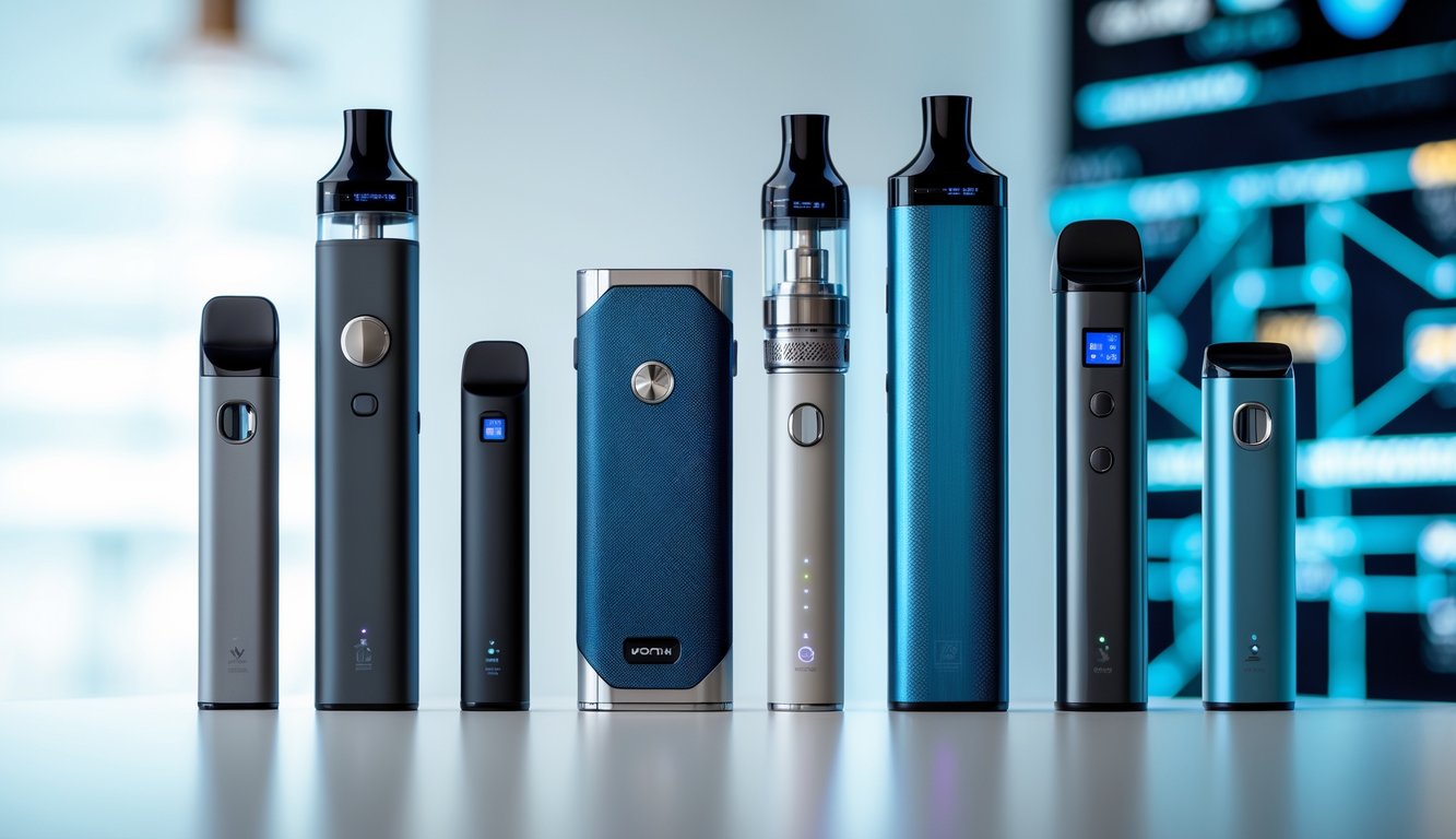Beberapa perangkat vapor modern dengan desain canggih dan teknologi terbaru yang ditampilkan di atas permukaan bersih.