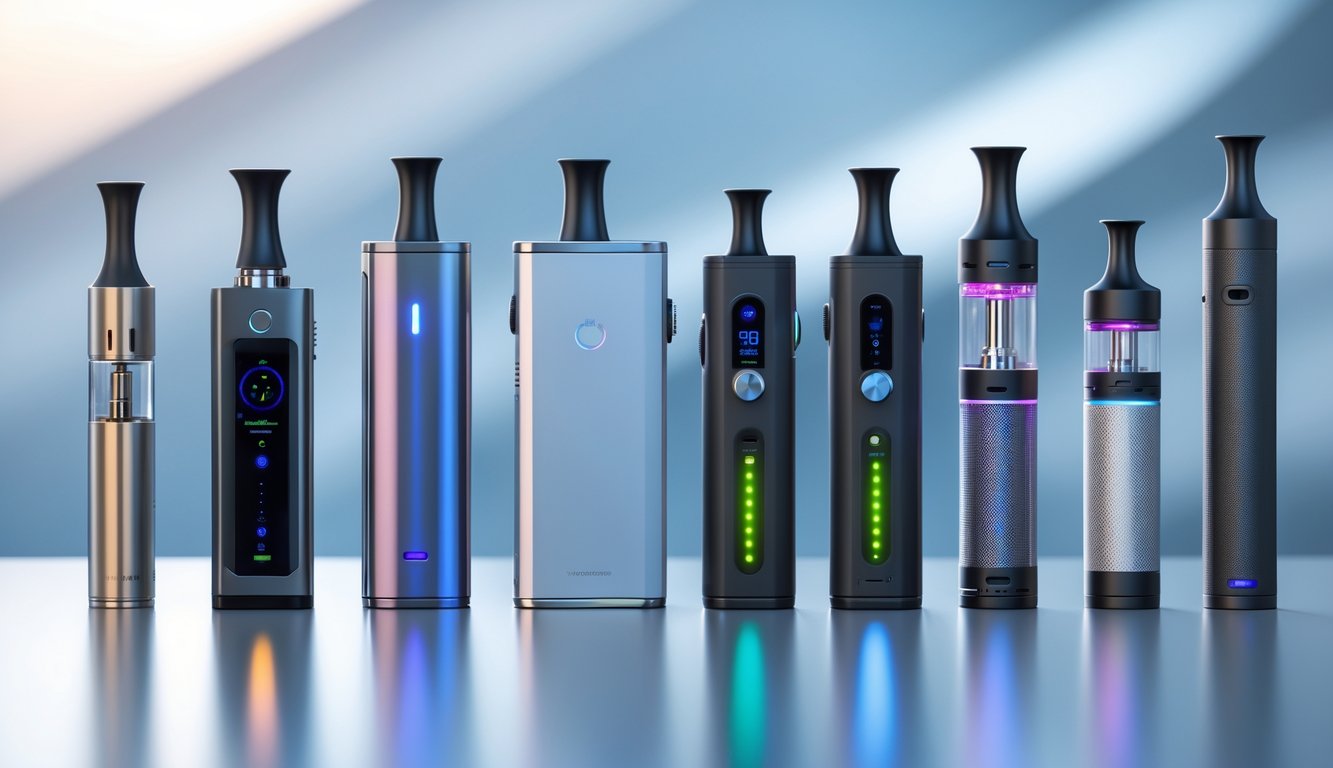 Beberapa perangkat vaporizer modern dengan desain canggih dan teknologi terbaru tersusun rapi di atas permukaan reflektif.