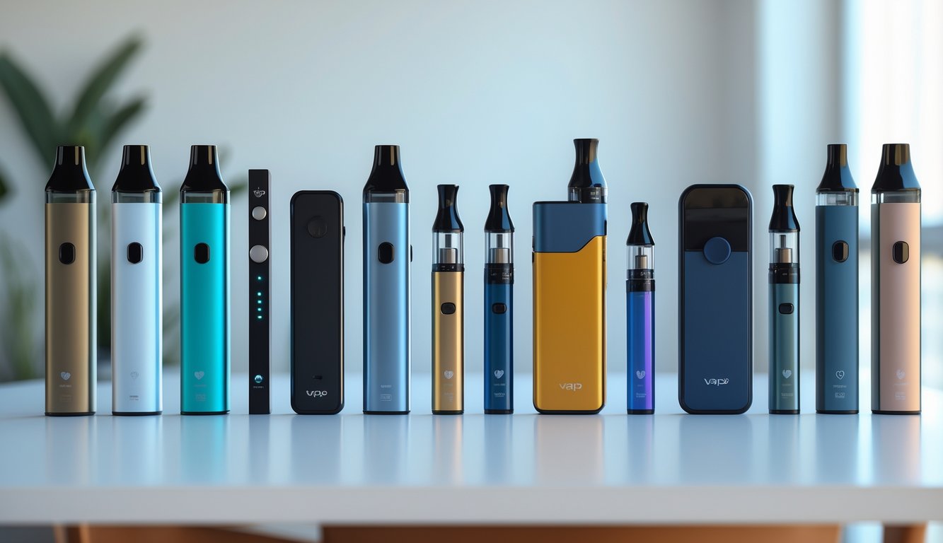 Berbagai perangkat vape terbaik tahun ini tersusun rapi di atas meja putih dengan latar belakang ruangan yang minimalis dan terang.