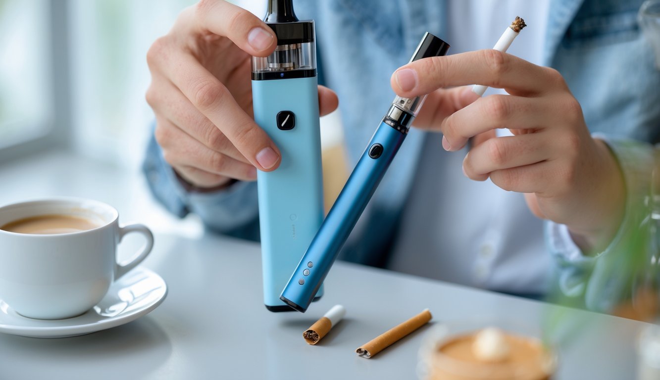 Seorang dewasa muda memegang vape dan rokok konvensional di tangan, menunjukkan pilihan beralih dari rokok ke vape.