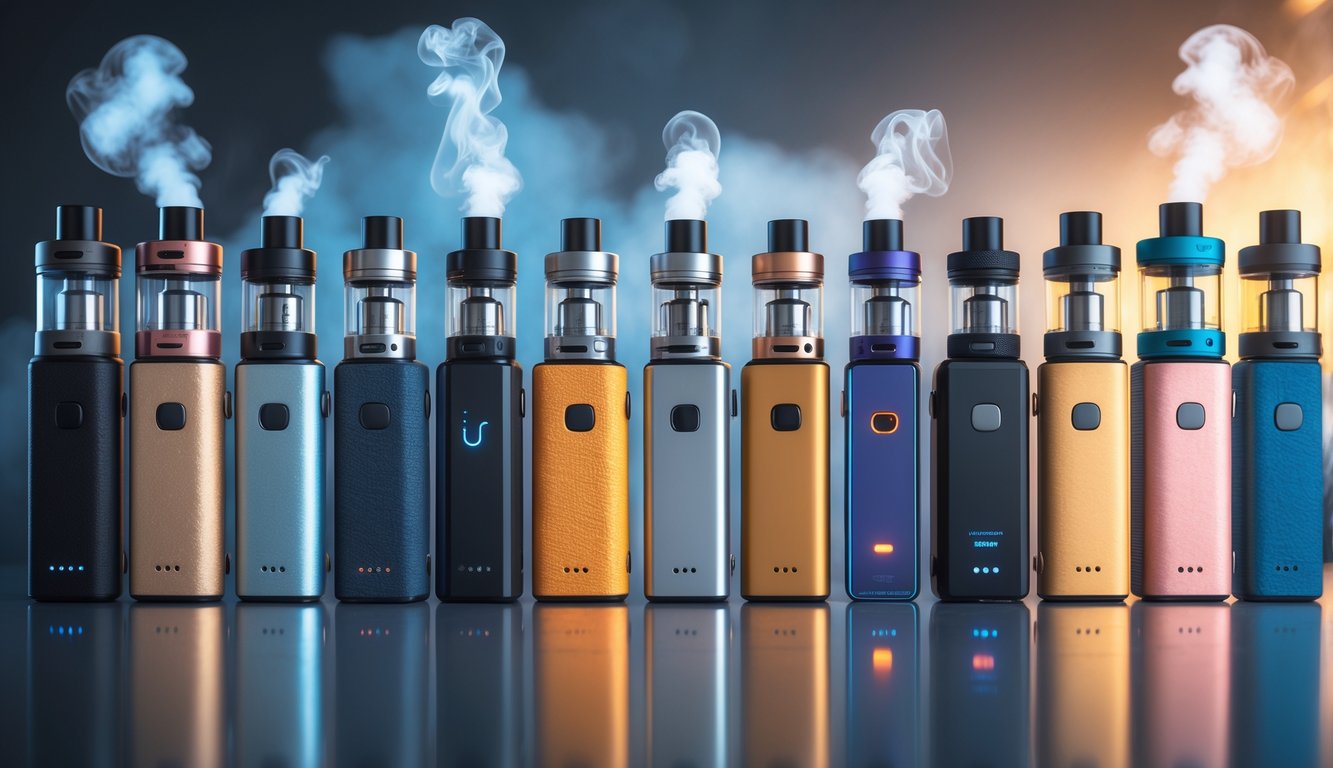 Berbagai perangkat vape modern dengan uap tipis di atas permukaan reflektif, disusun rapi dengan latar belakang buram dan pencahayaan hangat.