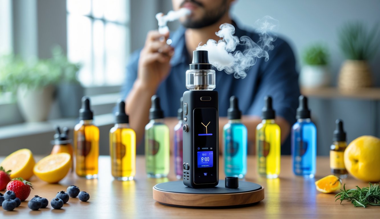 Perangkat vape modern di atas meja kayu dengan beberapa botol cairan vape berwarna-warni dan seseorang sedang menghisap vape di latar belakang.