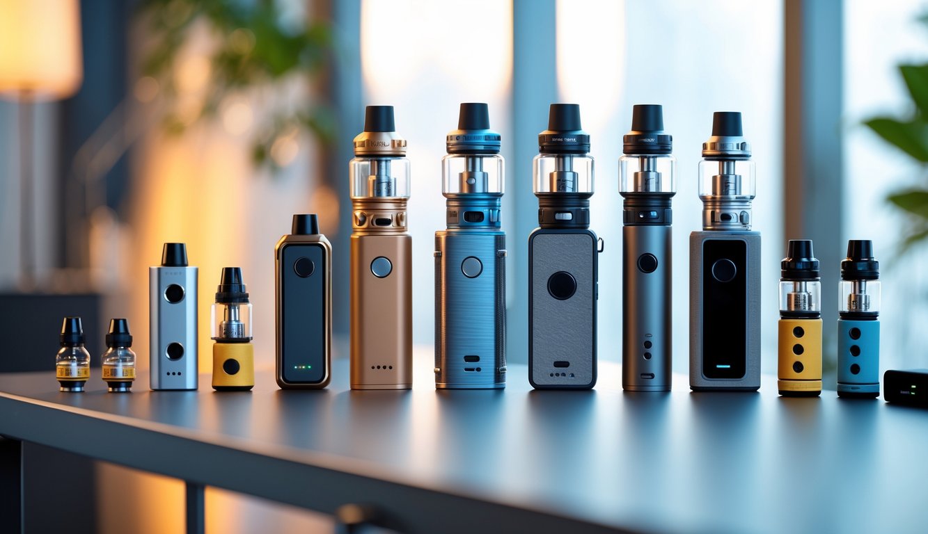 Berbagai perangkat vape berkualitas tinggi tersusun rapi di atas meja modern dengan pencahayaan hangat.