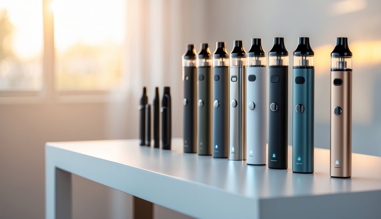 Beberapa perangkat vape modern yang tersusun rapi di atas meja putih dengan latar belakang yang samar.