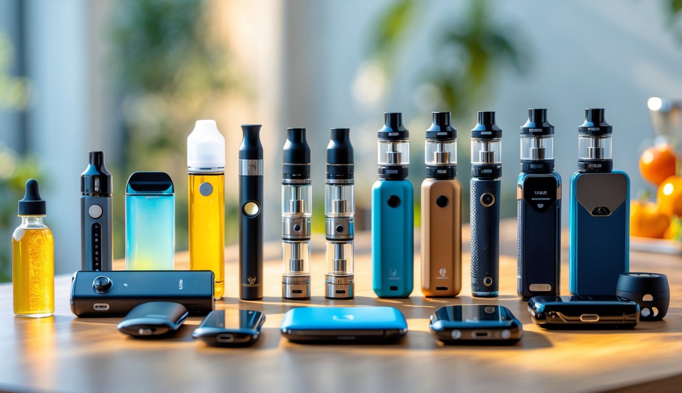 Berbagai perangkat vape modern tersusun rapi di atas meja kayu dengan pencahayaan alami.