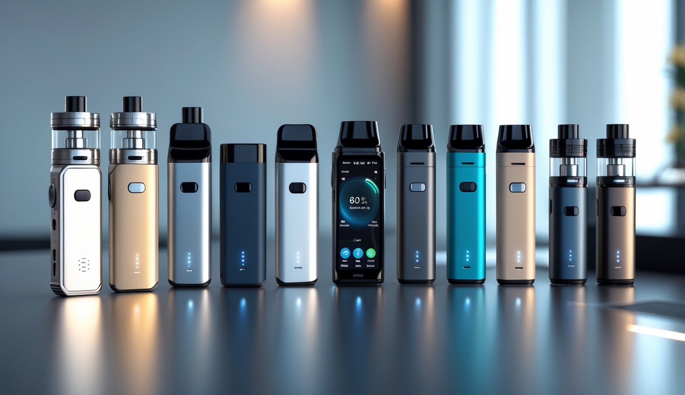 Berbagai perangkat vape terbaik tahun ini dengan desain modern dan indikator baterai, diletakkan rapi di atas permukaan yang bersih.