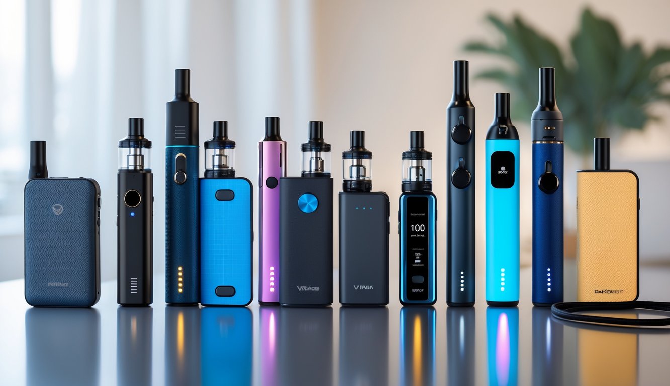 Beberapa perangkat vape modern dengan desain berbeda tersusun rapi di atas permukaan reflektif, menampilkan kabel pengisian yang menyala dan indikator baterai penuh.