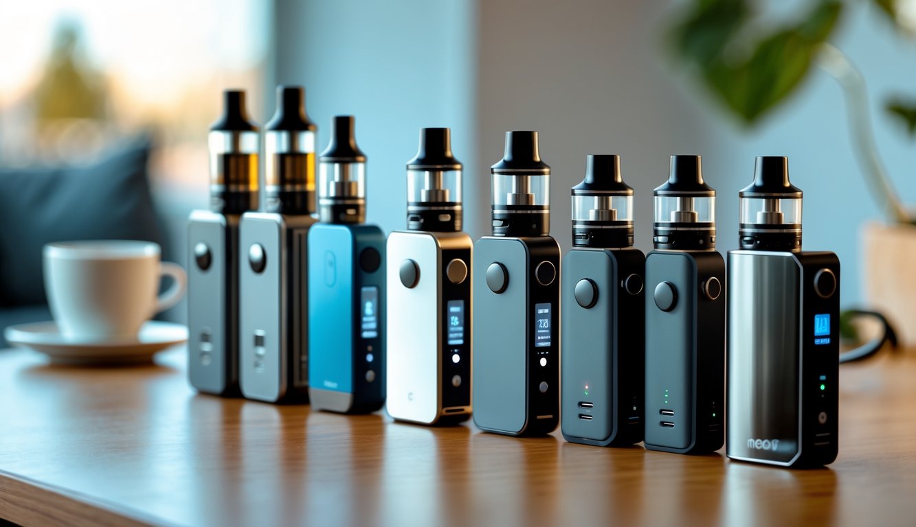 Berbagai perangkat vape terbaik tahun ini, termasuk pod dan mod, tersusun rapi di atas meja kayu dengan latar belakang suasana modern dan minimalis.