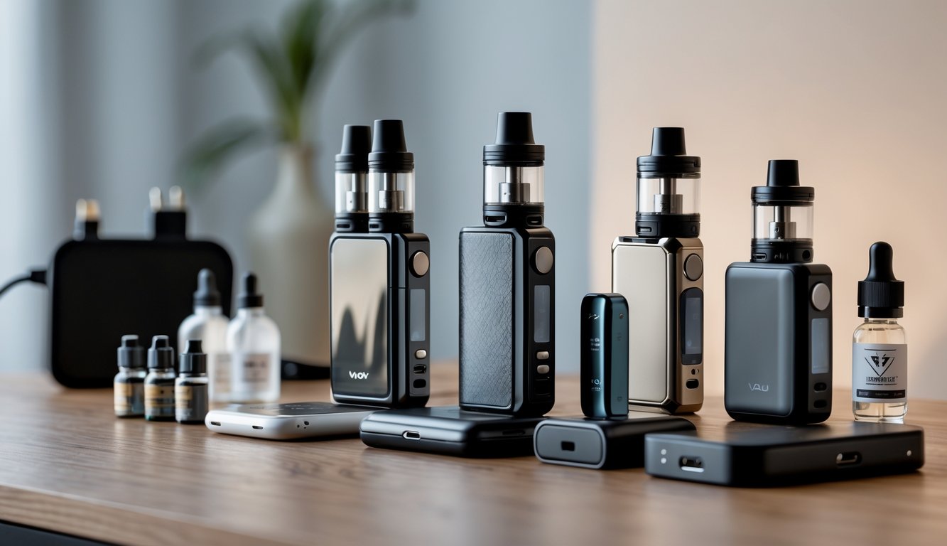 Berbagai perangkat vape dan aksesori tersusun rapi di atas meja kayu dengan latar belakang ruangan yang bersih dan modern.