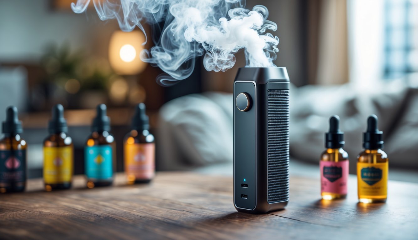Foto close-up alat vape modern dengan uap tebal dan beberapa botol cairan vape berwarna di atas meja dalam ruangan yang nyaman.