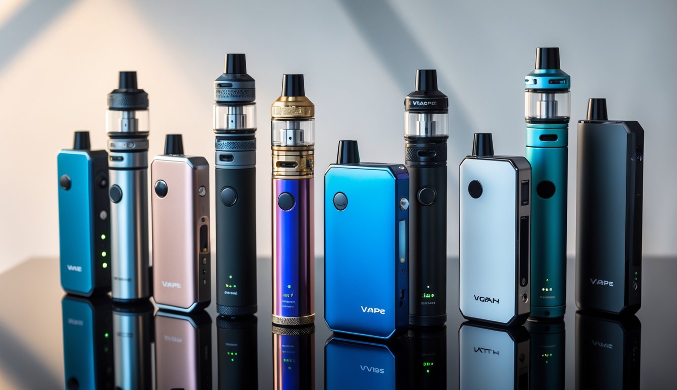 Berbagai jenis vape dengan desain modern dan stylish yang ditata rapi di atas permukaan hitam mengkilap.
