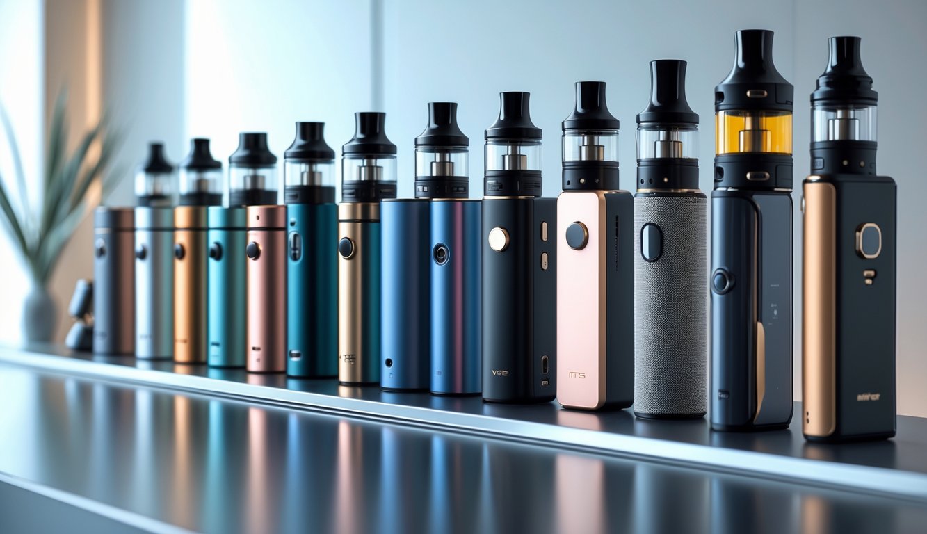 Berbagai perangkat vape dengan desain modern dan stylish tersusun rapi di atas permukaan reflektif.