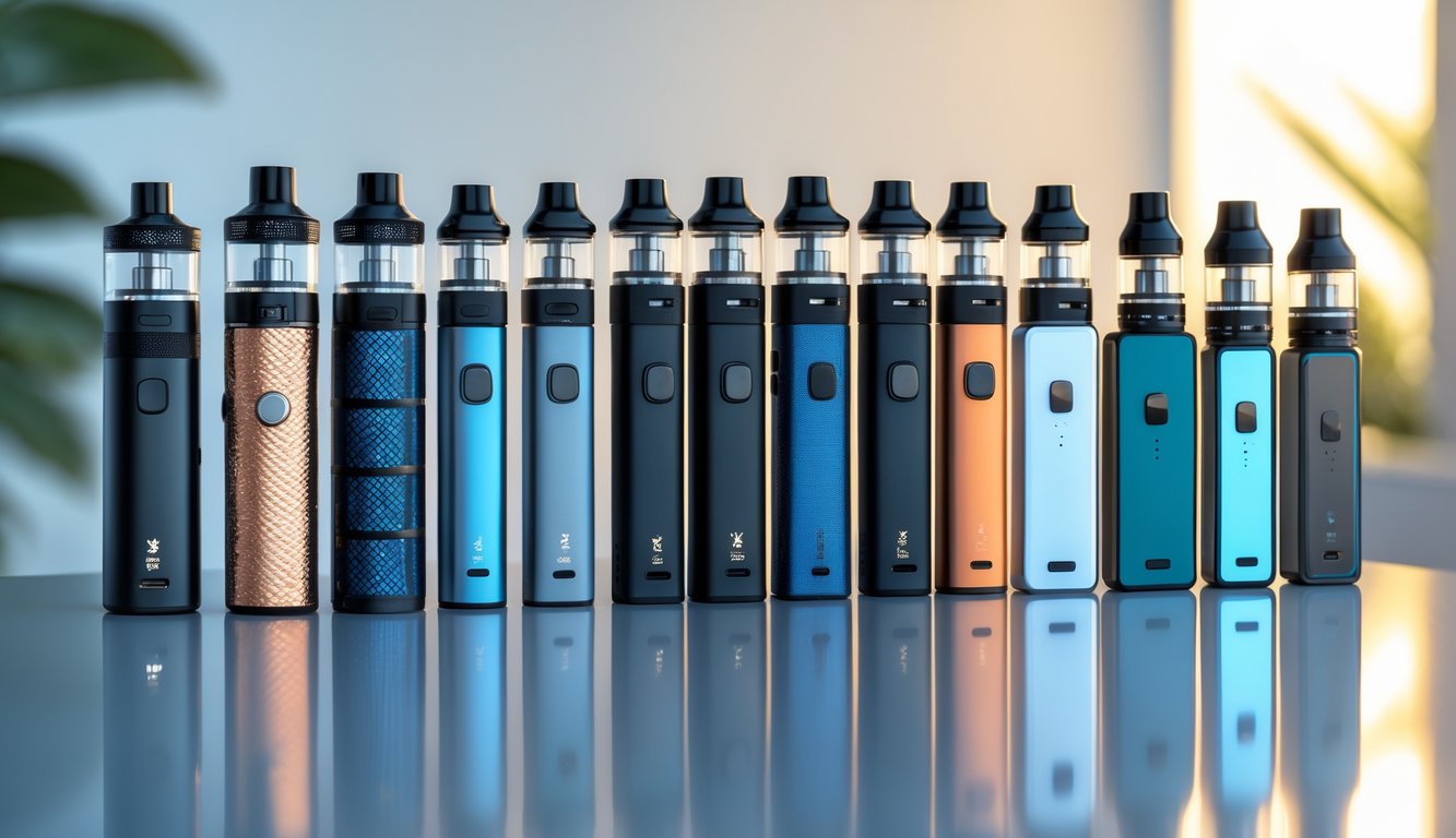 Berbagai perangkat vape modern tersusun rapi di atas permukaan reflektif dengan latar belakang kabur.