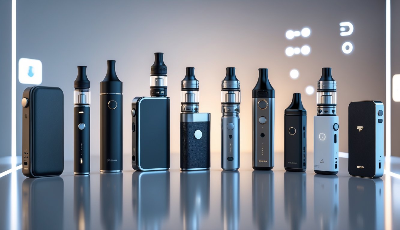 Beberapa perangkat vape modern dan canggih yang disusun rapi di atas permukaan reflektif dengan latar belakang netral.
