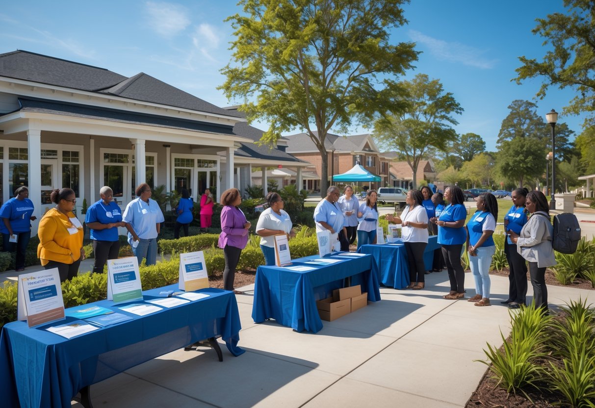 People interacting at an outdoor community resource event in Monroe, Louisiana, with tables and brochures under a sunny sky.