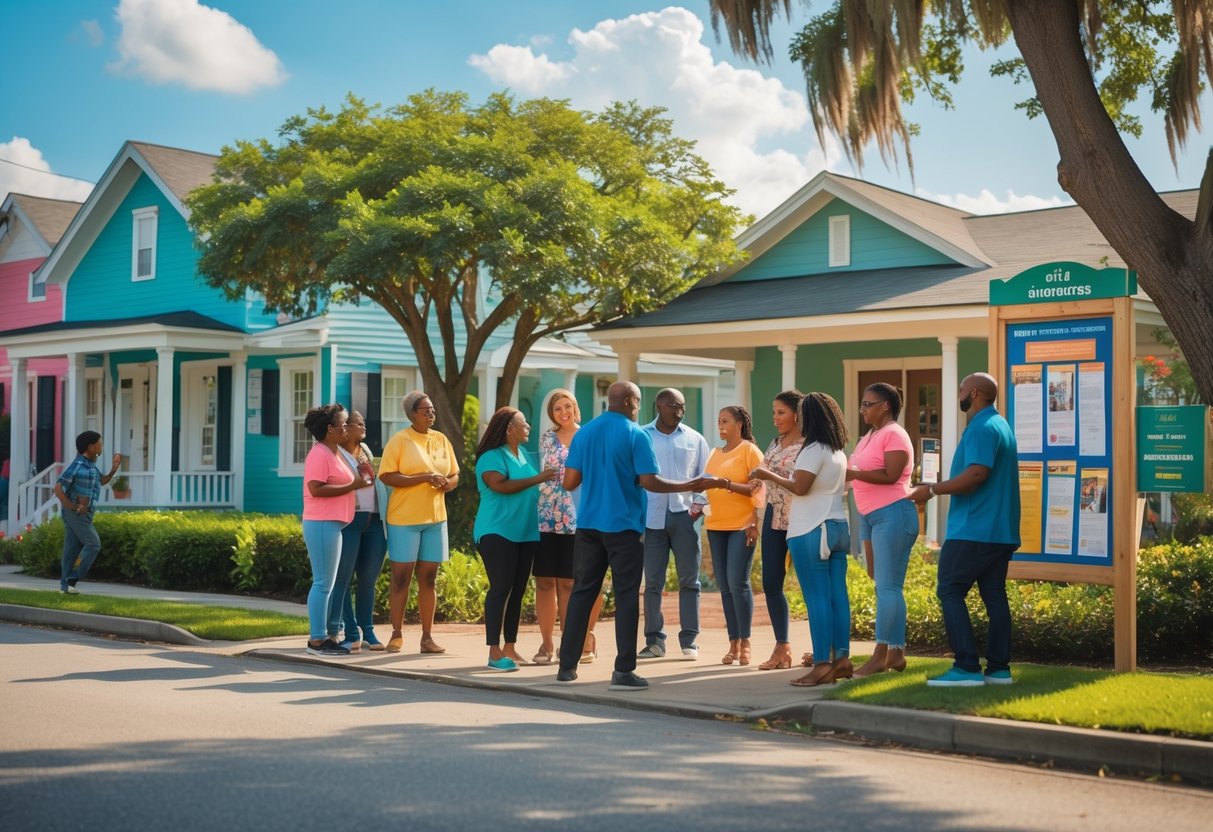 A diverse group of neighbors talking and interacting outside colorful houses in a sunny Monroe, Louisiana neighborhood.
