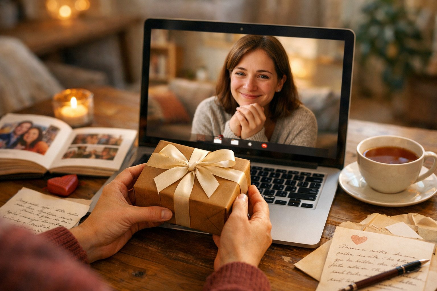 Two people connecting through a video call, one holding a wrapped gift, with personal items like letters and photos around a laptop.