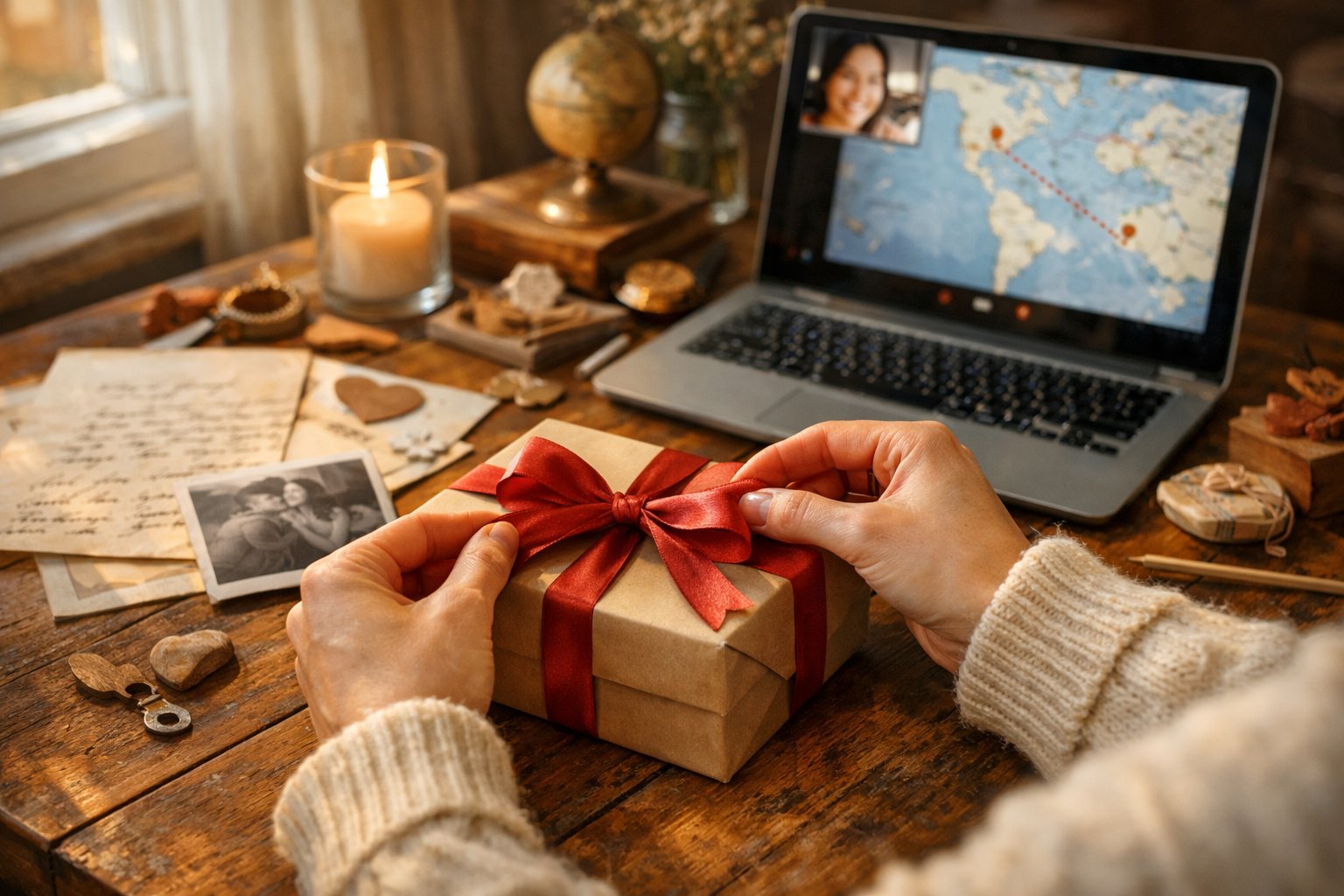 Person wrapping a gift with a ribbon at a table with letters and photos nearby, a laptop showing a video call in the background.
