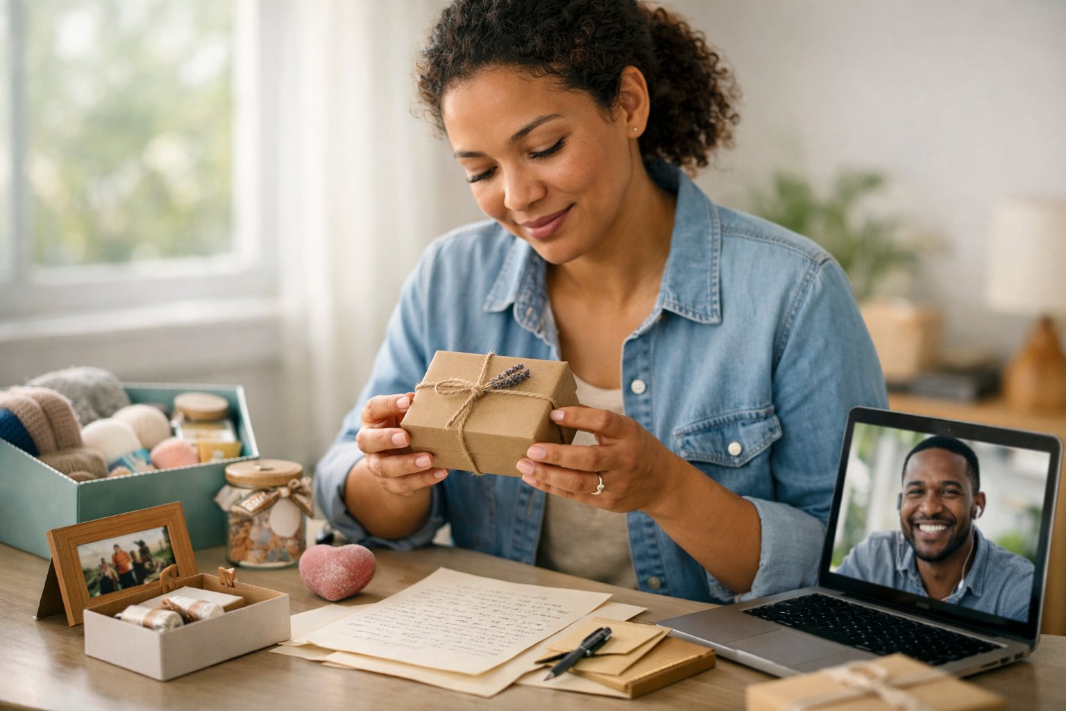 Person thoughtfully choosing a gift at a desk with various gift items and a laptop showing a video call.