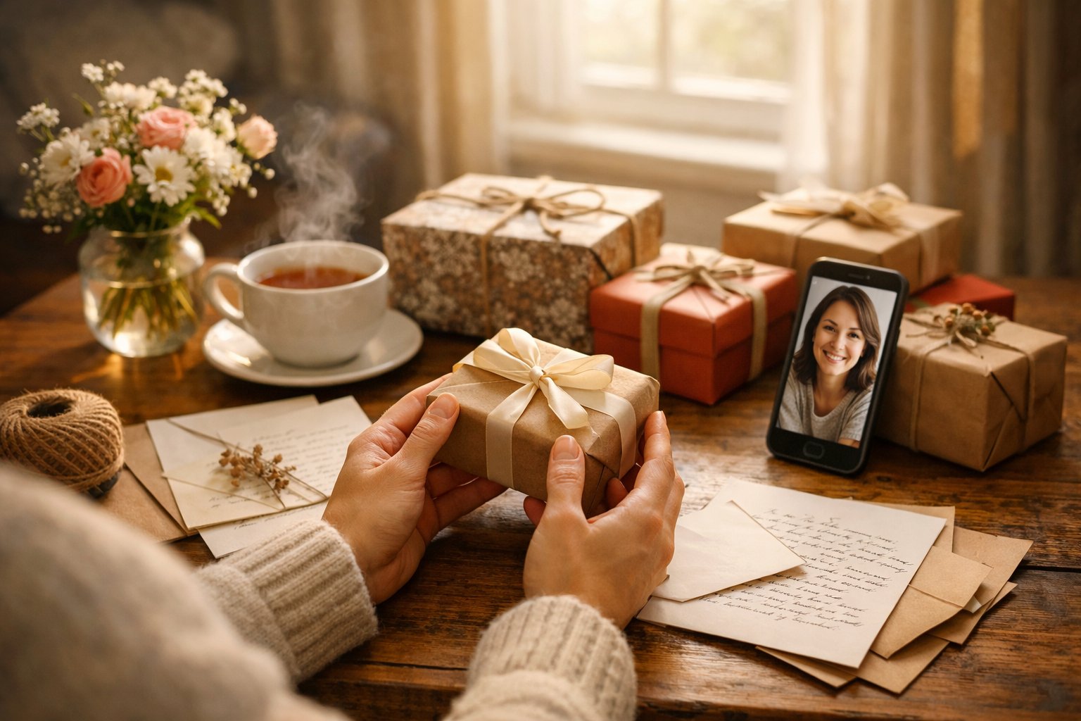 A person in a cozy room holding a wrapped gift near a table with letters, a smartphone showing a video call, a cup of tea, and flowers.