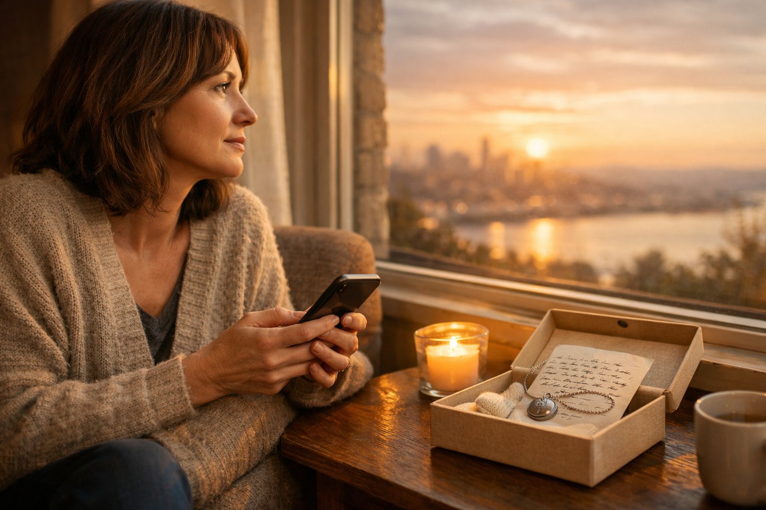 A person sitting by a window holding a smartphone and looking thoughtfully outside with an open gift box on a nearby table.