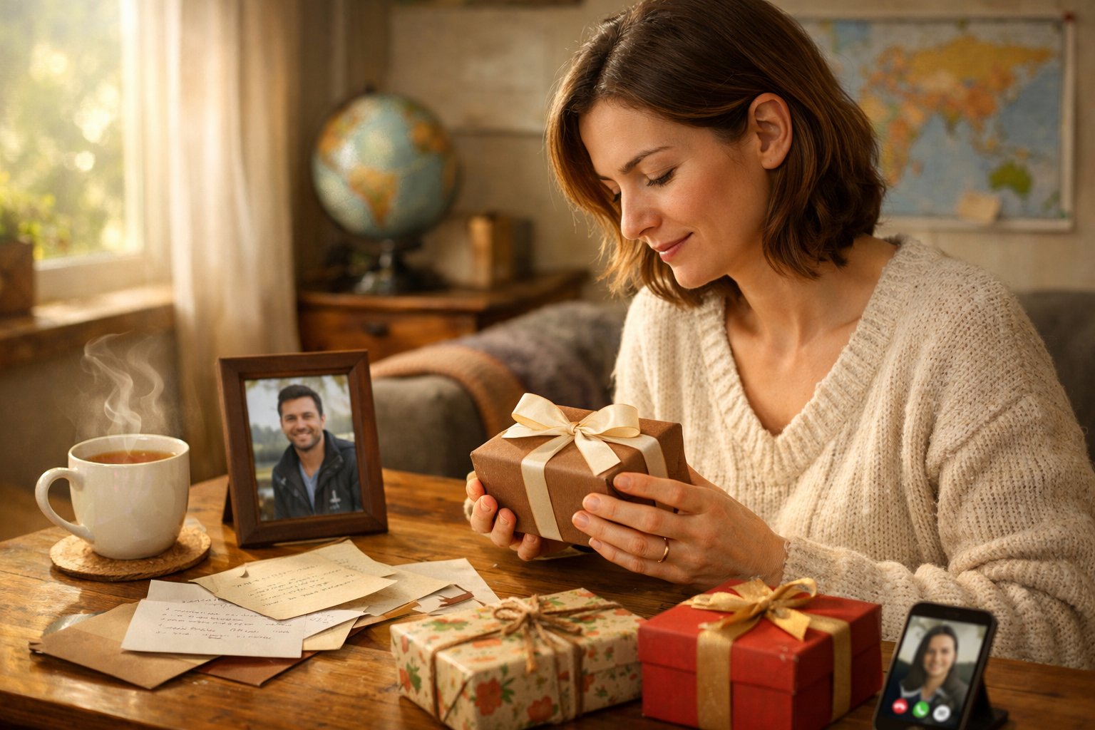 Person thoughtfully choosing a gift in a cozy living room with gift items, a photo frame, and a smartphone showing a video call.