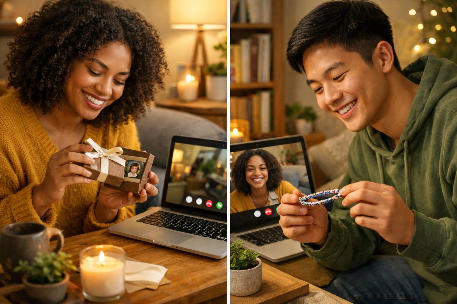 Two people in separate cozy rooms holding thoughtful gifts while video calling each other, smiling and connecting.