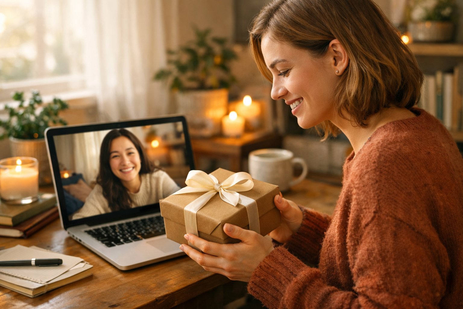 Two friends connecting over a video call, one holding a wrapped gift while smiling at the laptop screen.