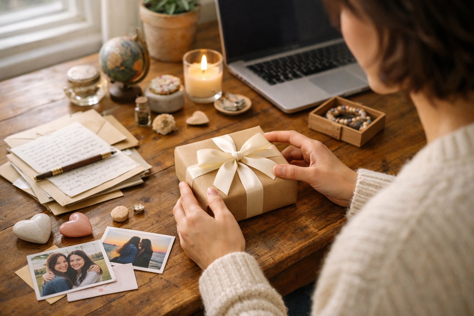 A person selecting a wrapped gift box on a desk with letters and photos nearby in a well-lit home office.