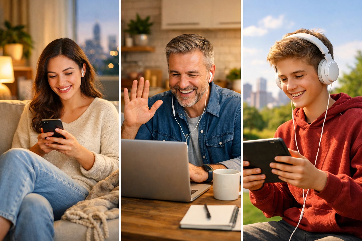 People in different locations using smartphones, laptops, and tablets to stay connected and communicate.