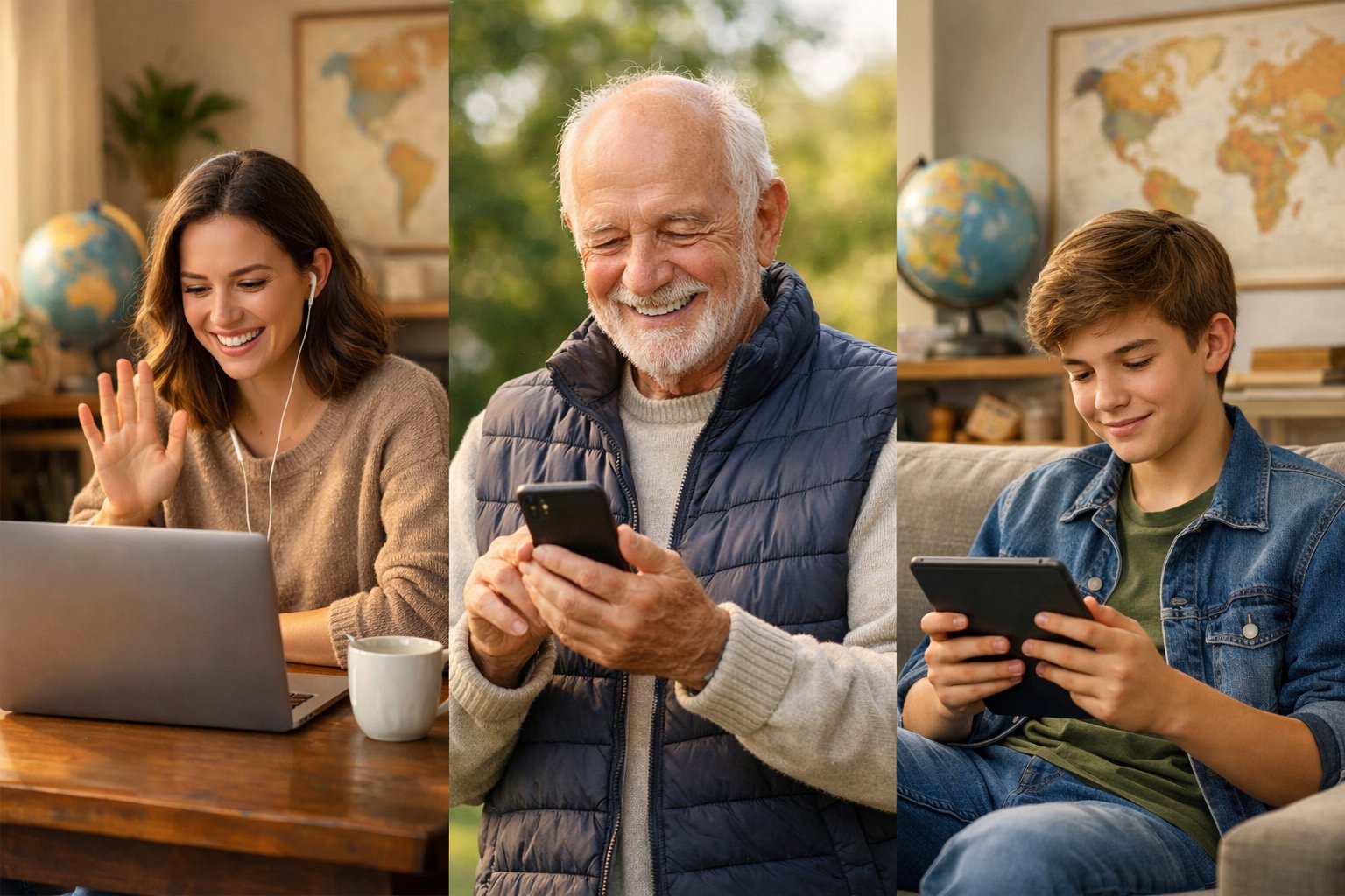 People of different ages using digital devices to communicate and stay connected across distances.