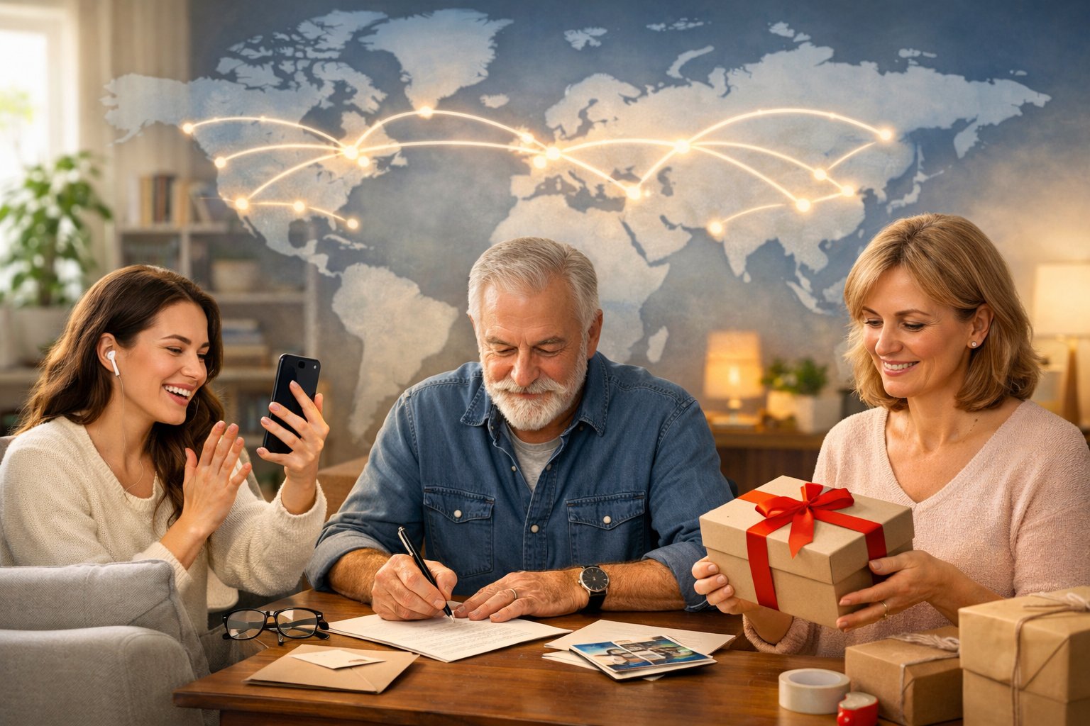 People using a smartphone, writing a letter, and preparing a gift to stay connected across distances.