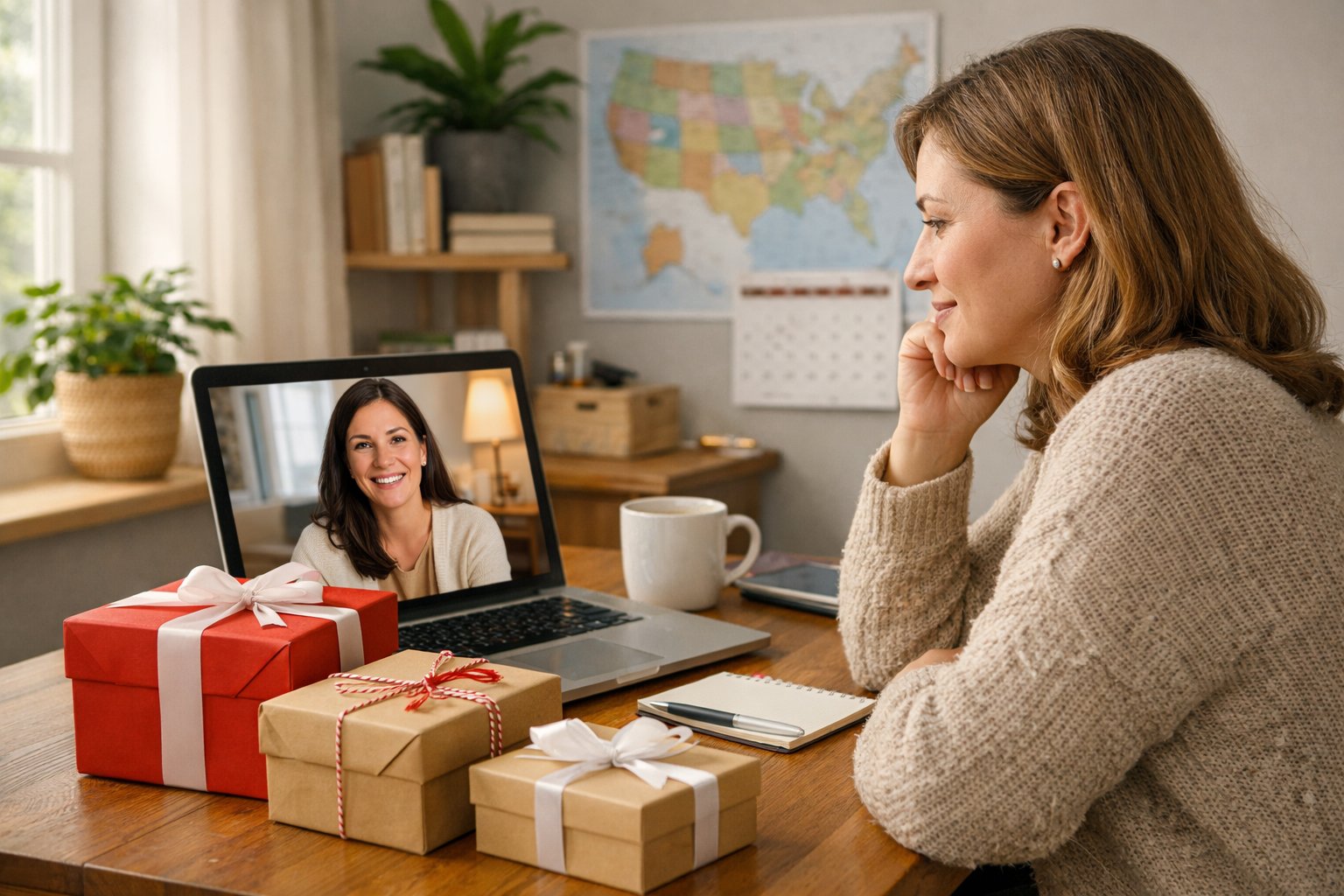 A woman sitting at a desk with wrapped gifts and a laptop showing a video call with another woman in a different location.