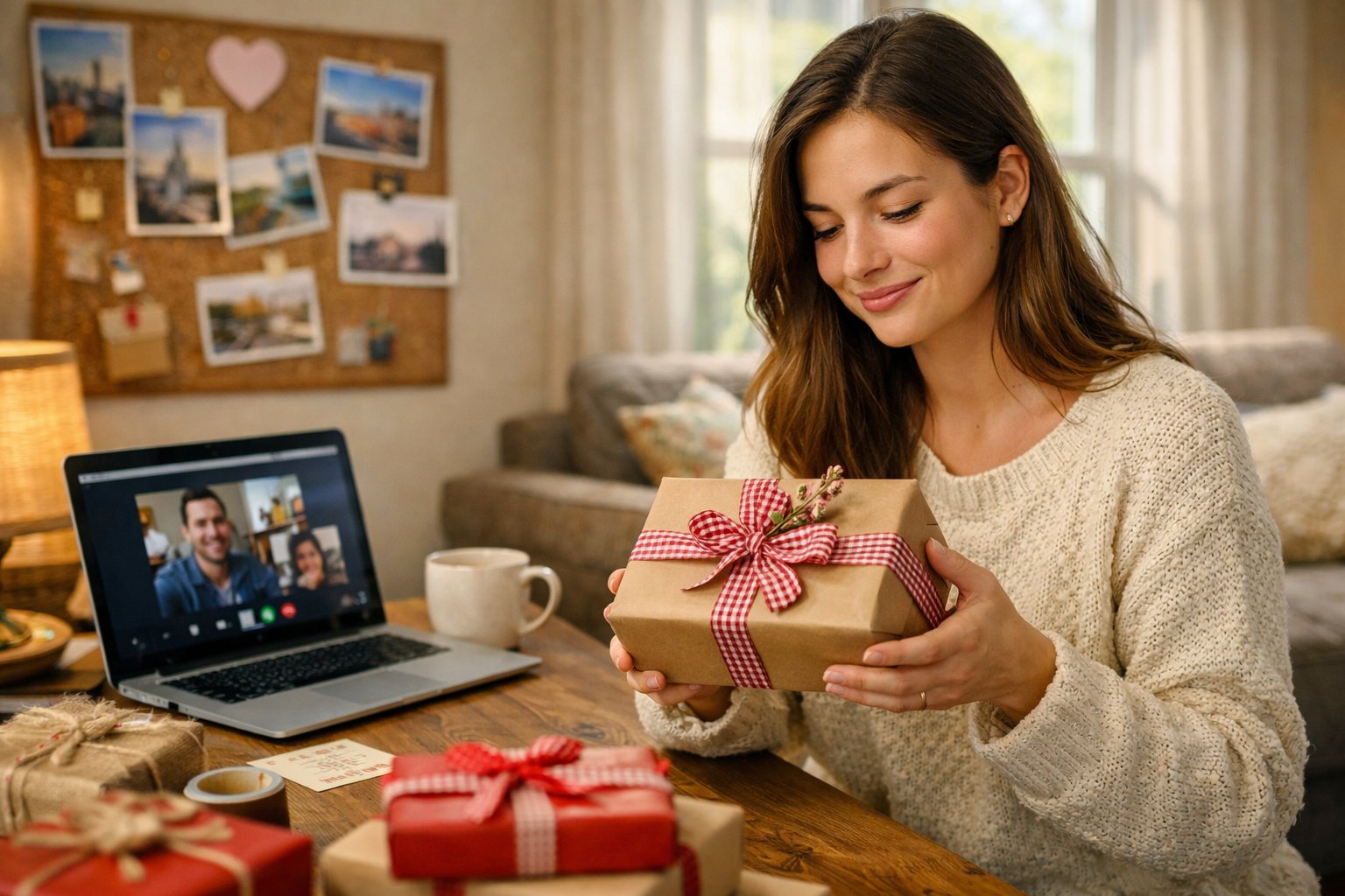 A young woman thoughtfully choosing a gift in a cozy living room with a laptop and photos nearby.