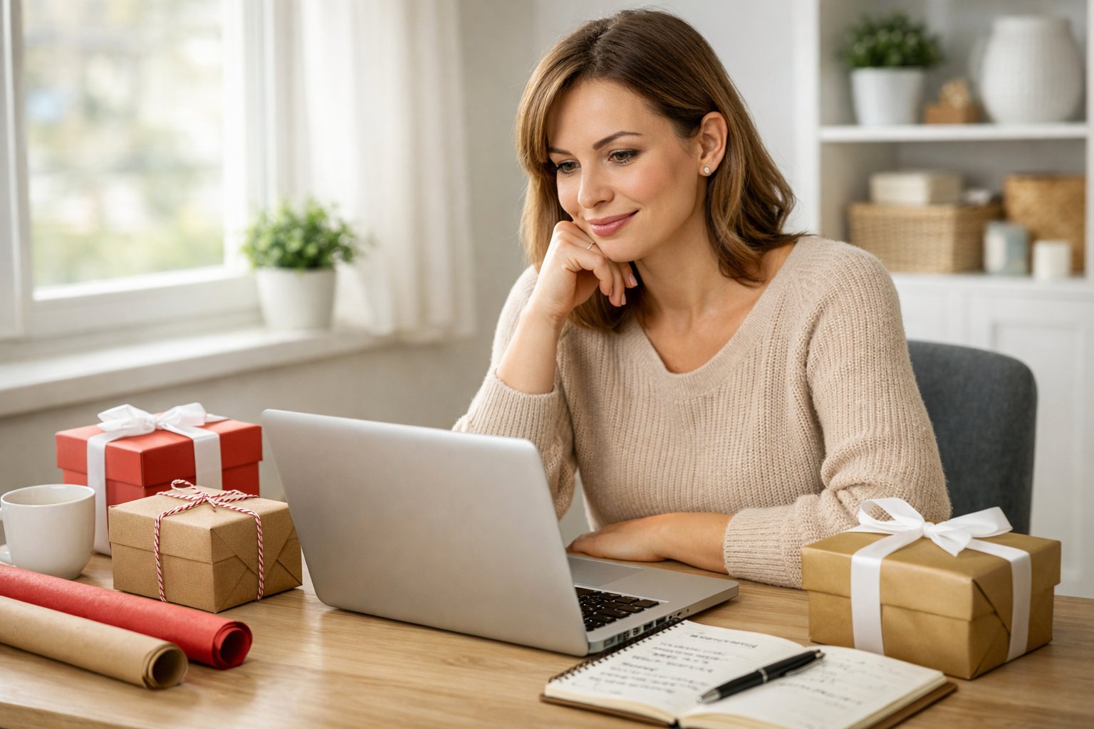 A woman sitting at a desk looking at a laptop surrounded by gift boxes and notes in a bright home office.