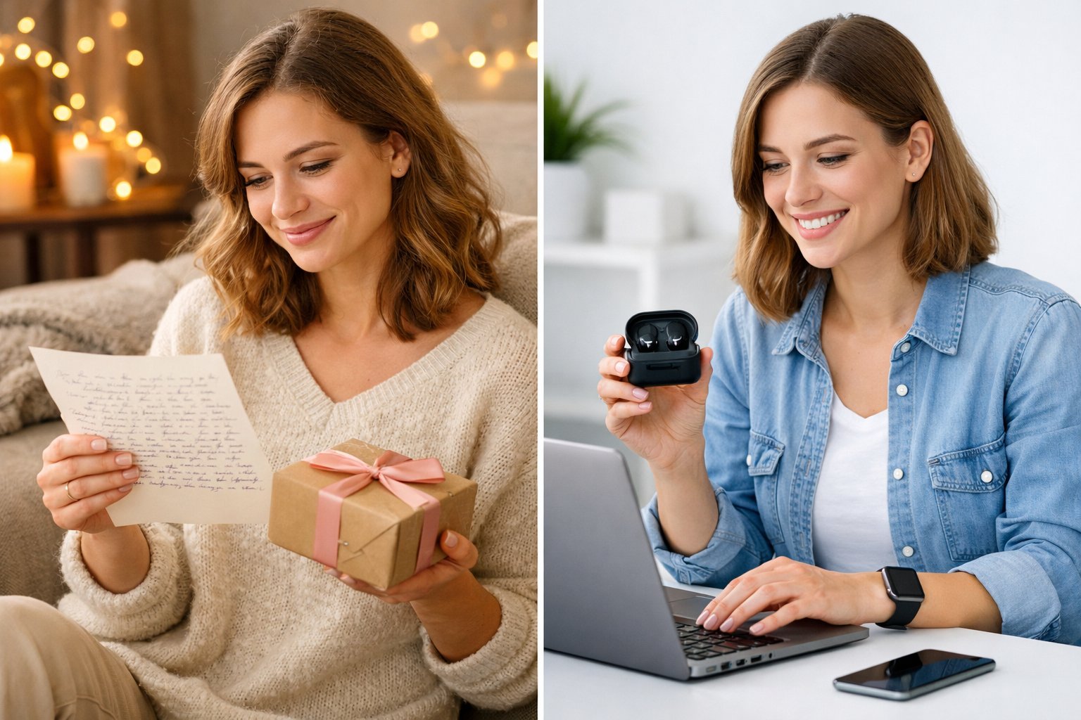 Two women side by side, one holding a handwritten letter and gift in a warm, cozy setting, the other using a laptop and holding a smart gadget in a clean, modern environment.