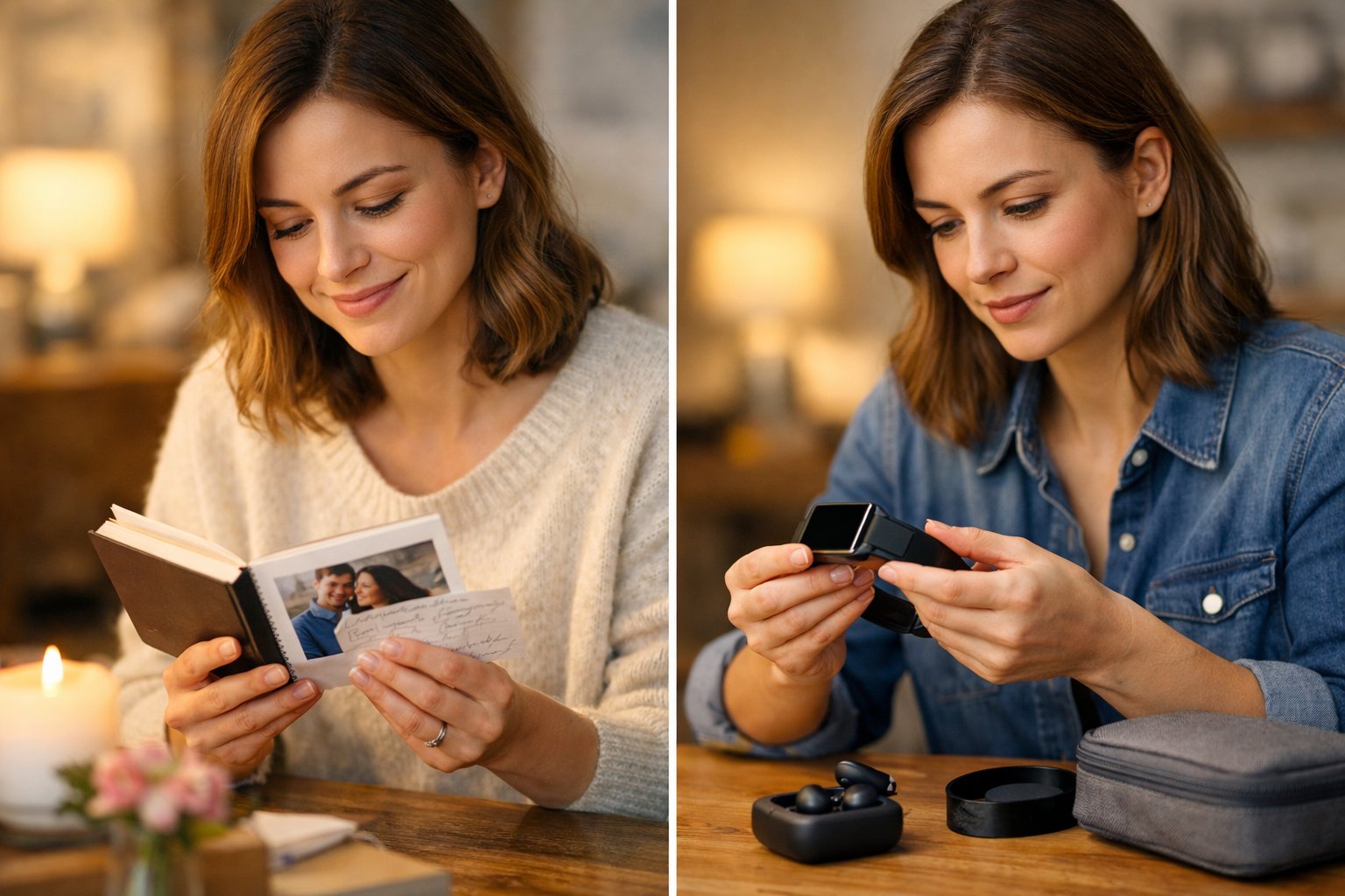 Two women each holding different gifts, one a sentimental photo album and the other a practical smartwatch, in a cozy indoor setting.