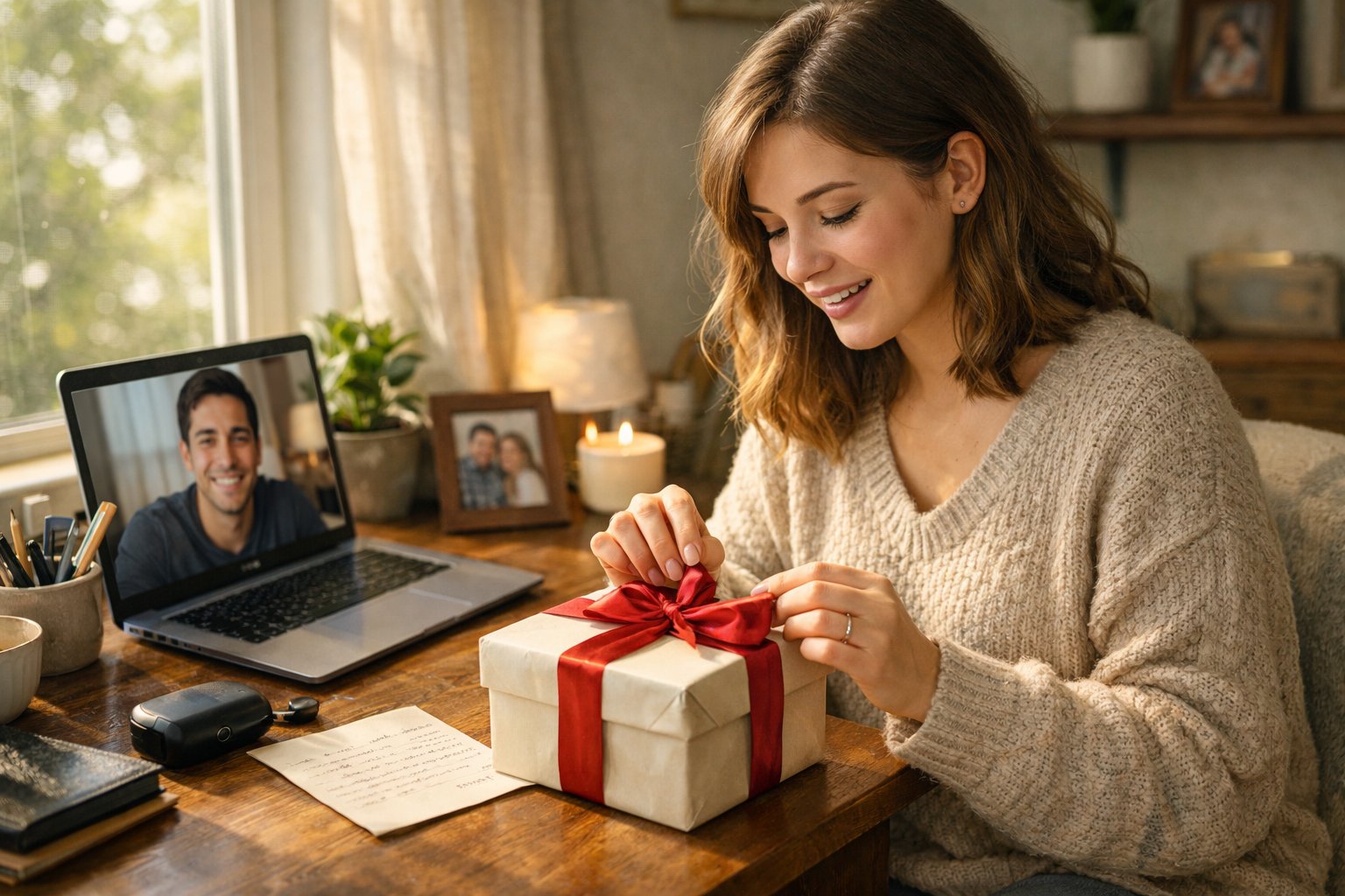 A woman sitting at a desk by a window, happily unwrapping a gift while on a video call with her partner.