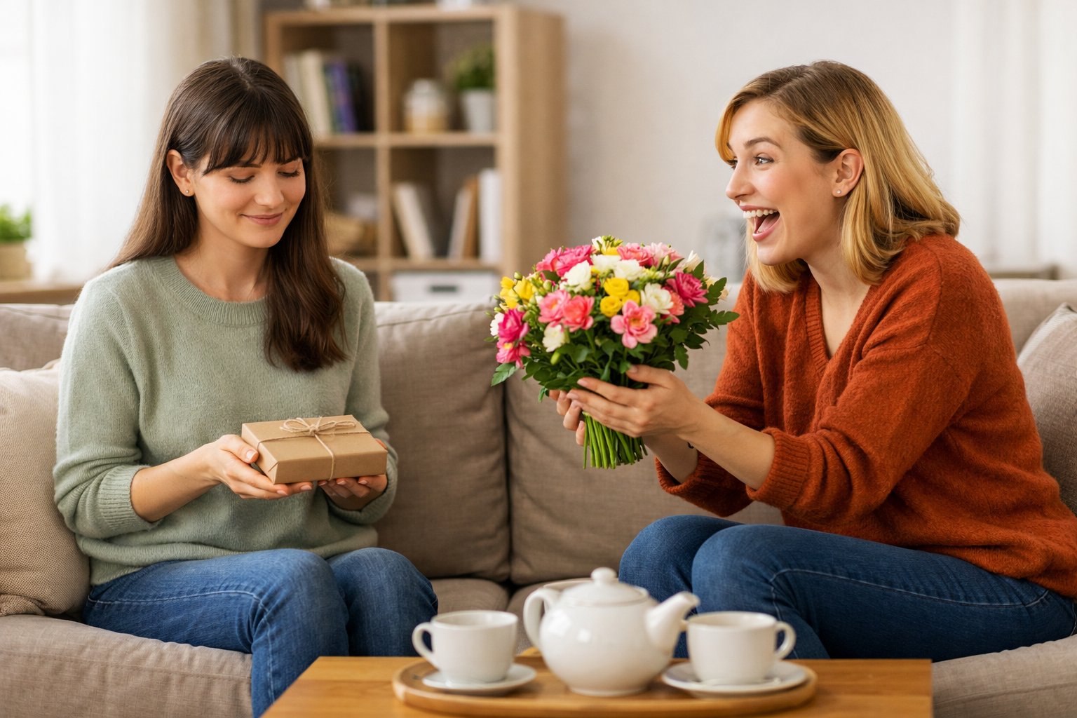 Two friends sitting on a sofa exchanging gifts, one quietly receiving a simple gift and the other excitedly giving a colorful gift in a cozy living room.