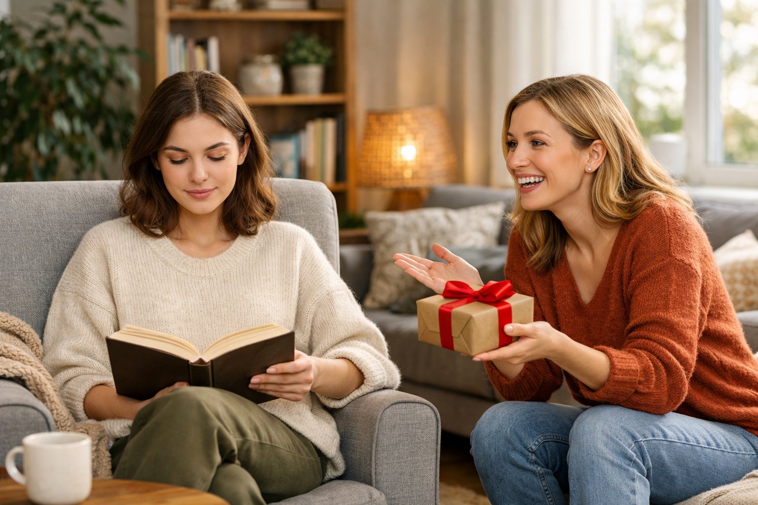 Two friends in a living room, one quietly reading a book and the other smiling while offering a small gift.