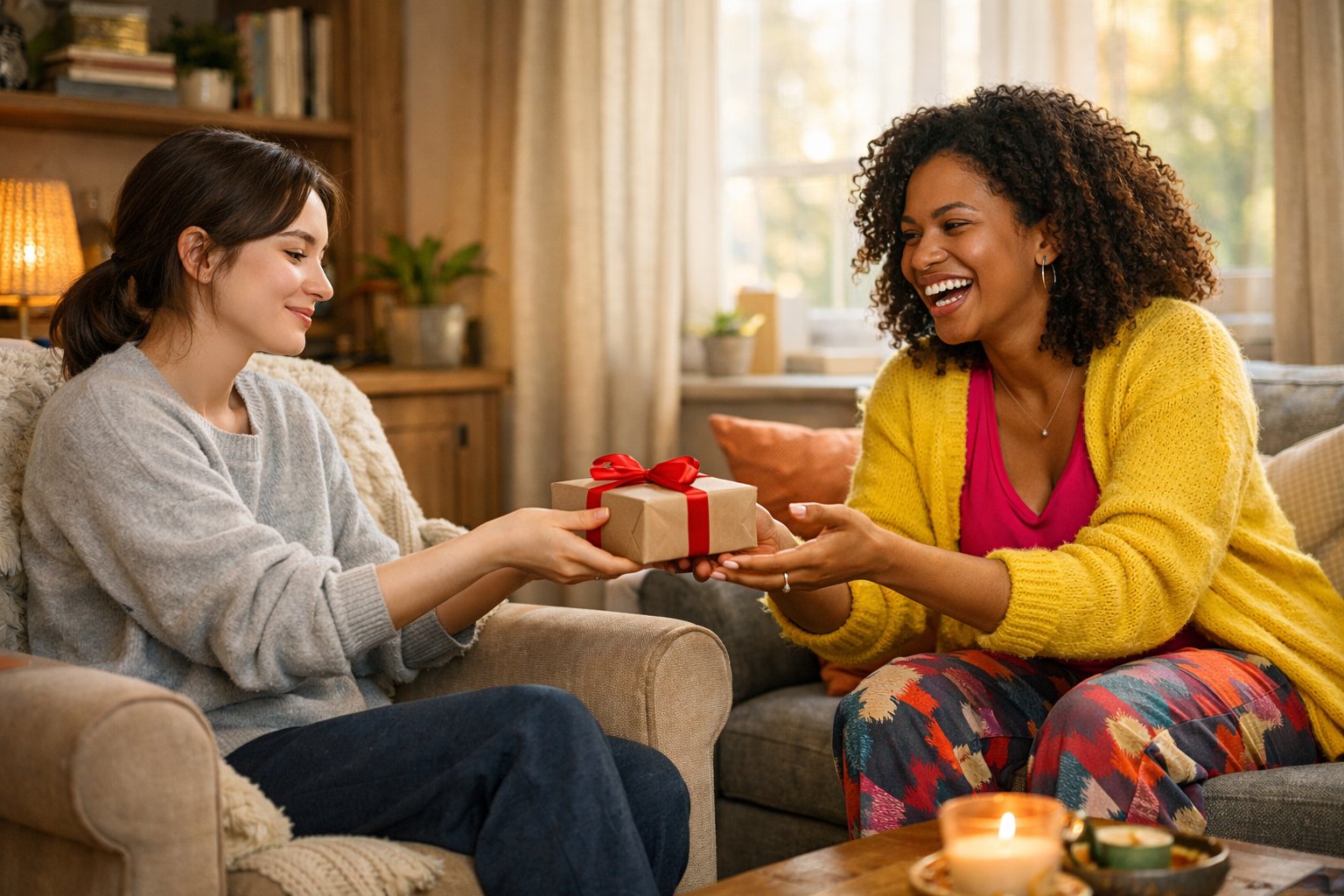 Two friends exchanging gifts in a cozy living room, one calm and seated, the other smiling and reaching out to receive a gift.
