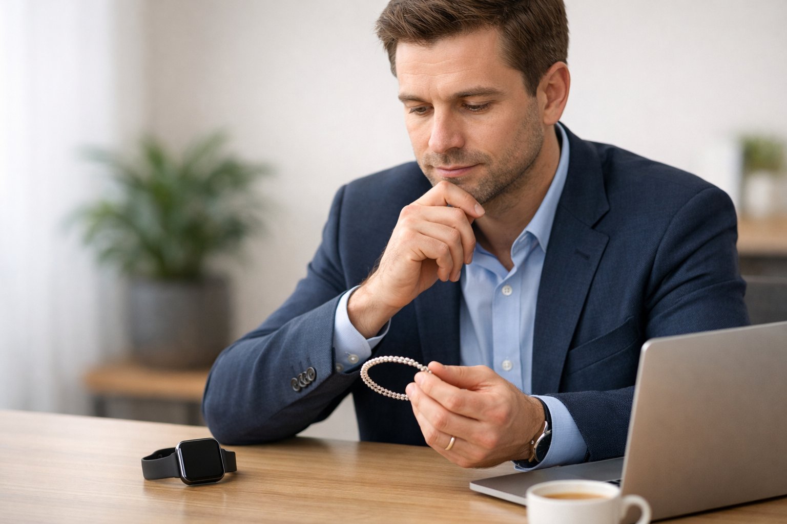 A person sitting at a desk thoughtfully comparing a smartwatch and a bracelet as potential gifts.