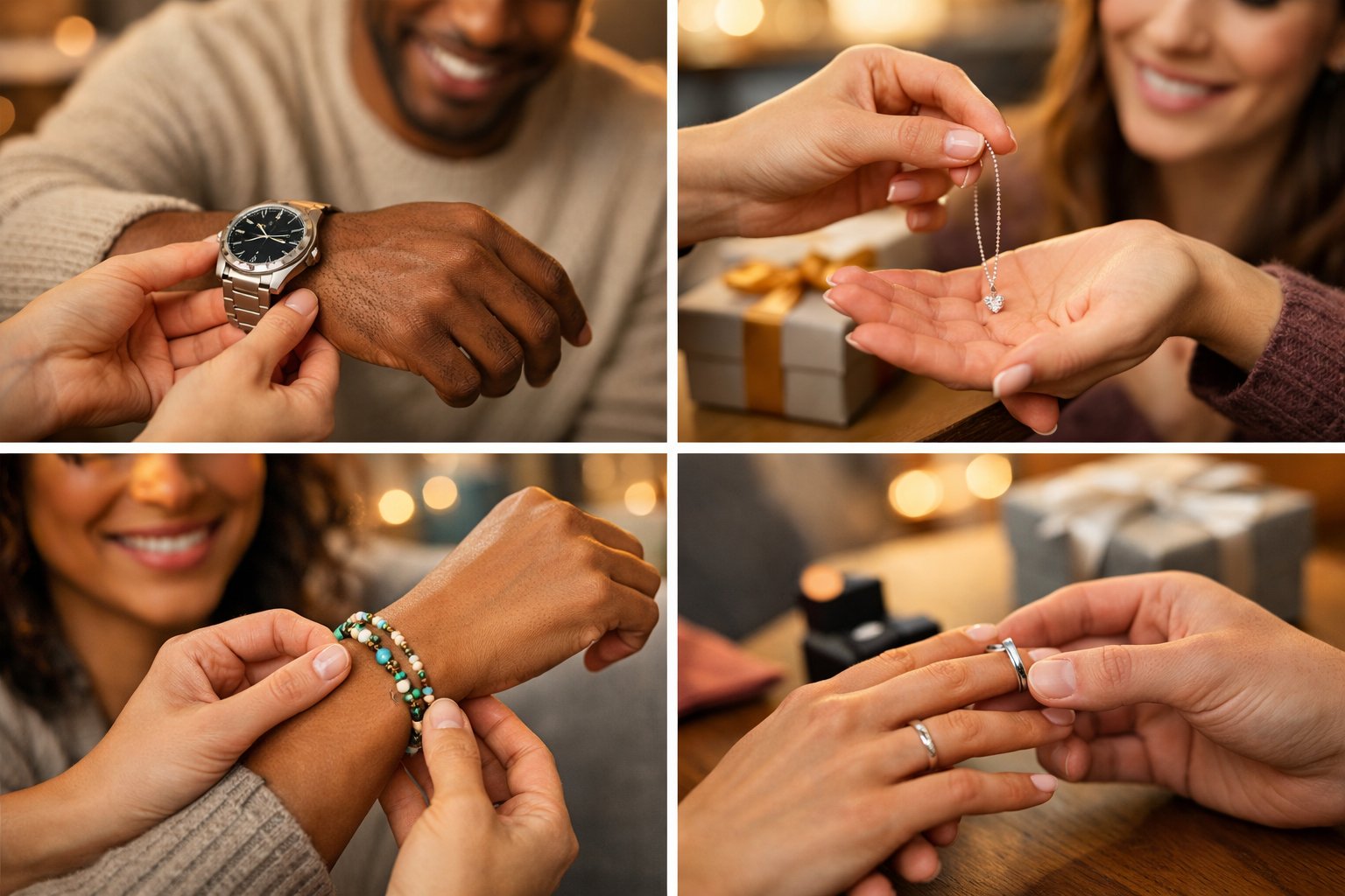 People exchanging wearable gifts like watches, bracelets, necklaces, and rings in a cozy living room.